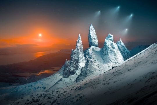 Moonrise Sprites Over Storr